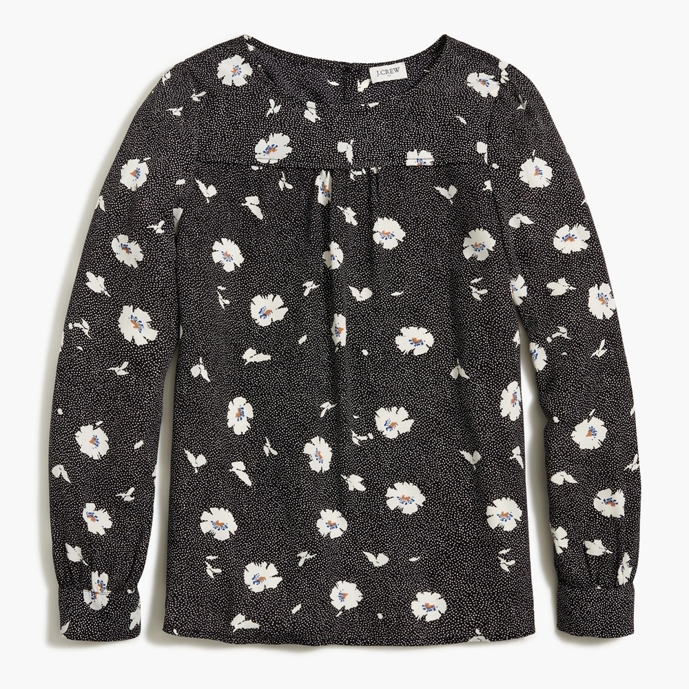 J.Crew Long Sleeve Floral‎ Top Size XS Black White Lightweight Style AG678